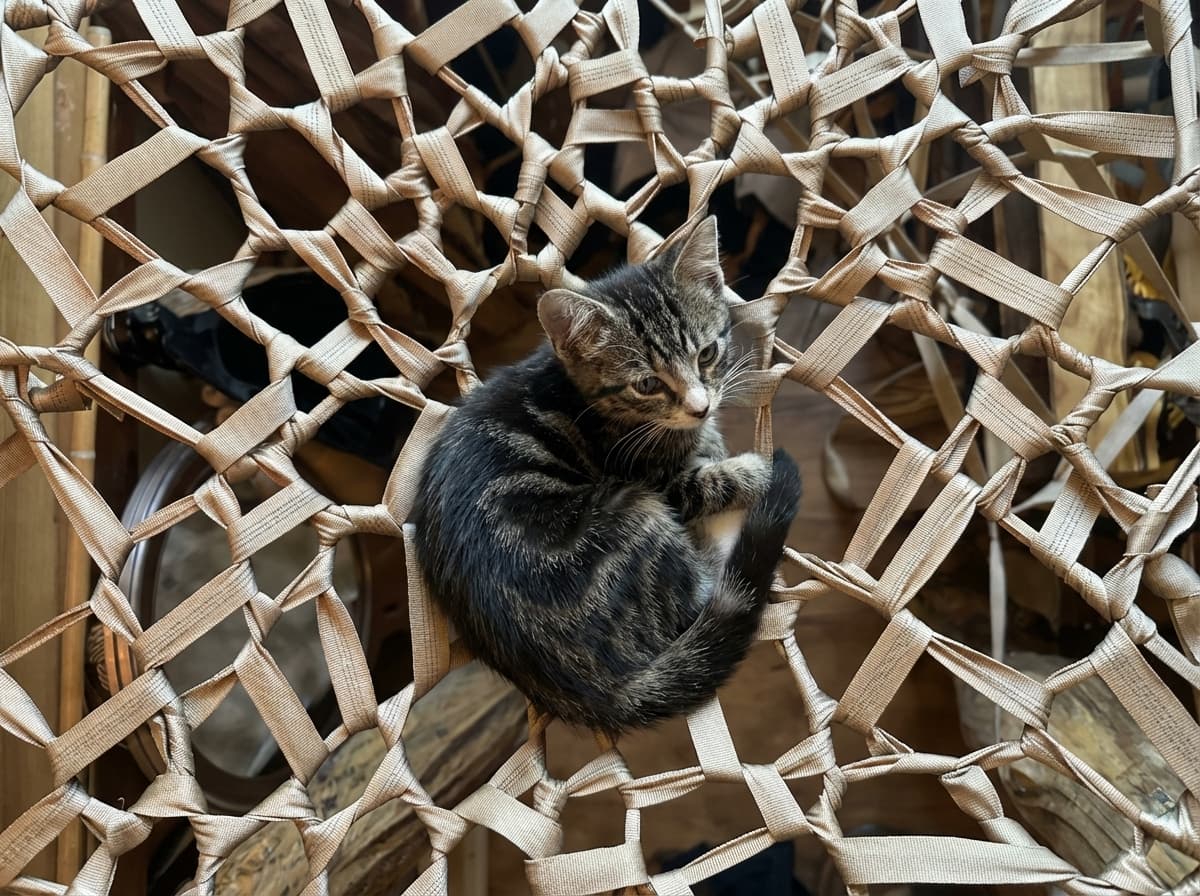 Tabby kitten curled asleep in a teal woven net with warm window light