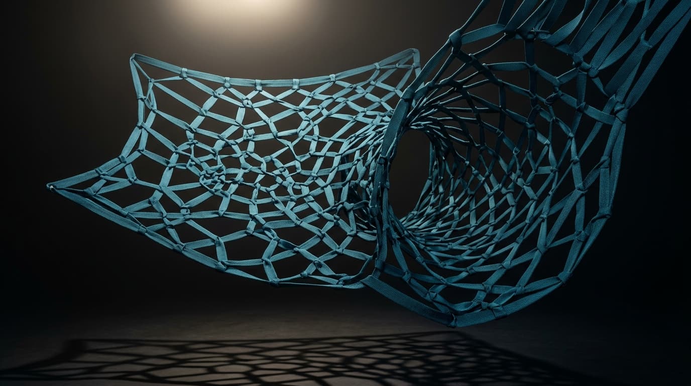 Teal studio net installation with geometric shadows