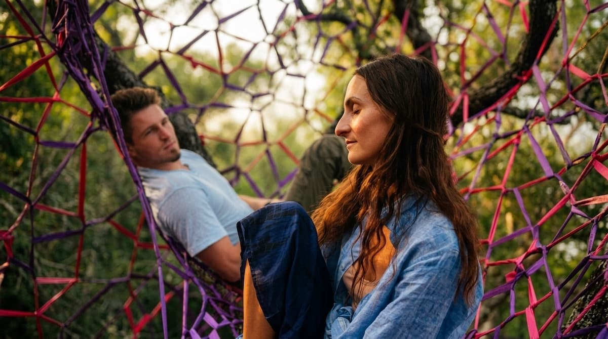 Couple relaxing in a purple and pink outdoor voronoi net at golden hour with forest behind them