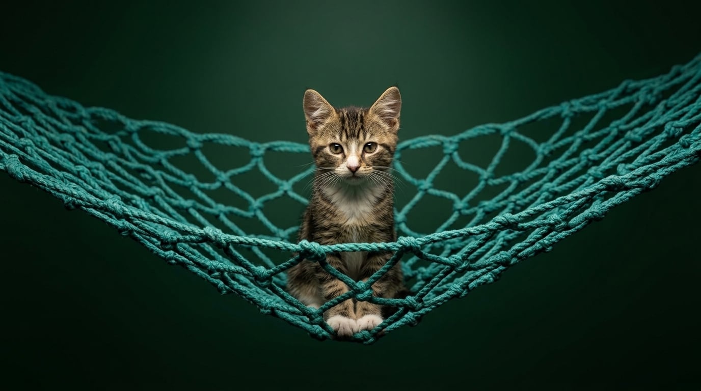 Kitten sitting inside a teal woven nest against a deep green background