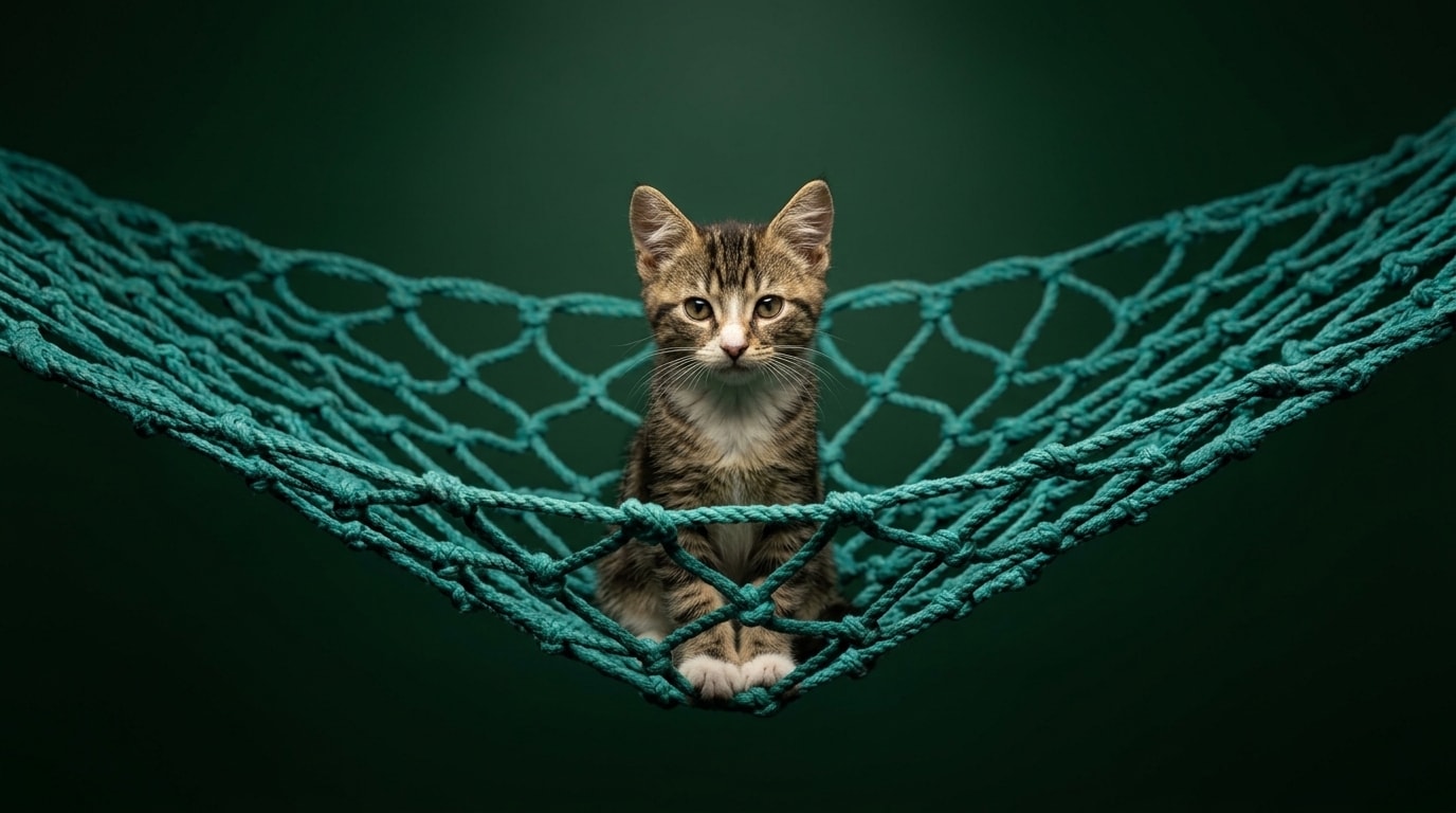 Kitten sitting inside a teal woven nest against a deep green background