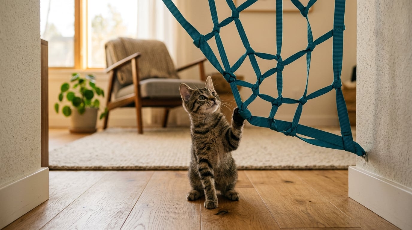 Kitten reaching up to climb a teal woven nest panel installed in a doorway