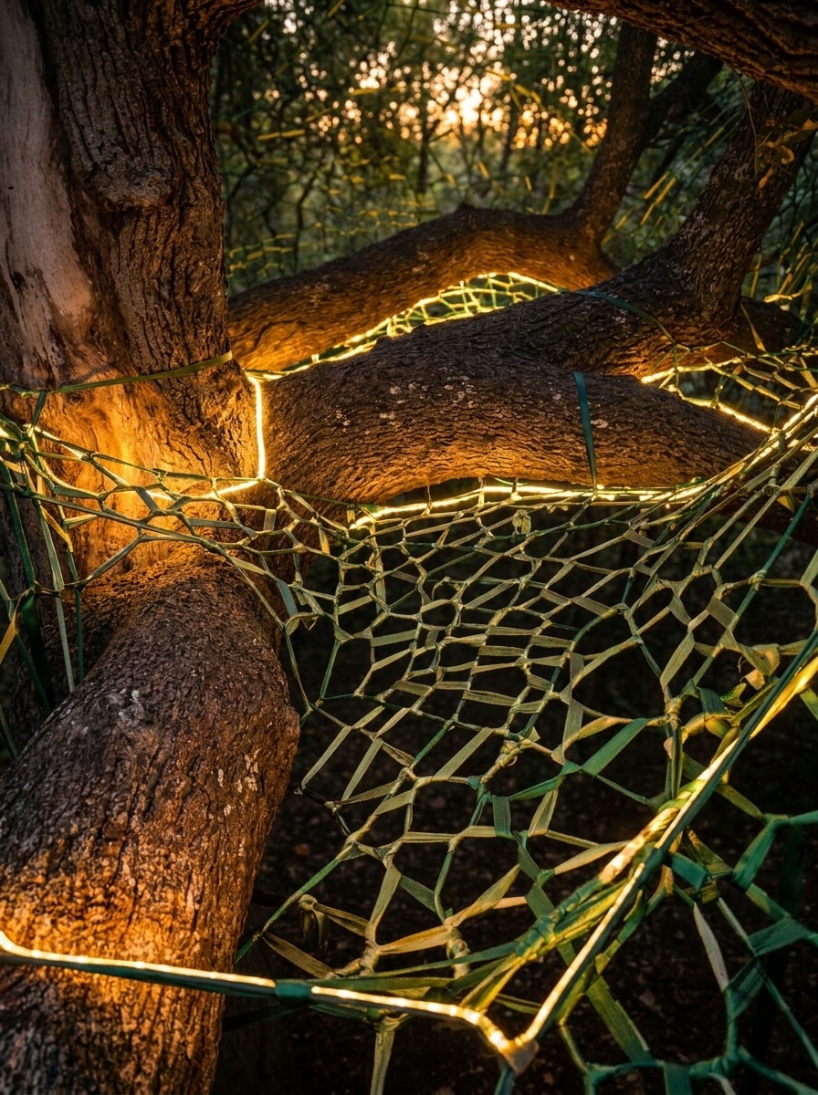 Outdoor nest installation glowing with LED lights between trees at golden hour